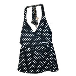 Lands End Women's Size 10 Black White Polka Dot‎ Tankini Top Shelf Bra Adj
